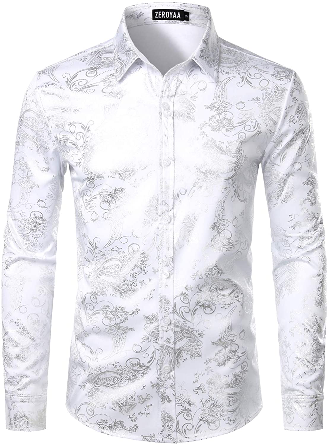 ZEROYAA Men's Luxury Paisley Gold Shiny Printed Stylish Slim Fit Button ...