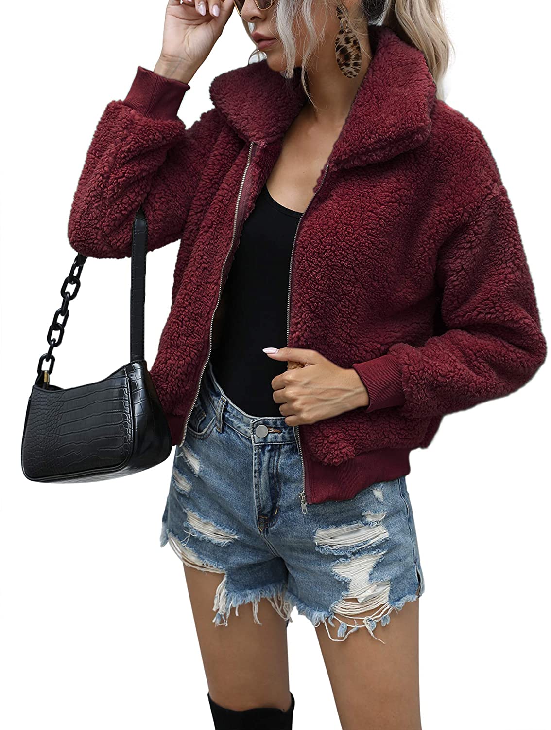 AKEWEI Women's Lapel Fleece Shearling Jacket Cropped Teddy Bear Jacket  Zipper Fa | eBay