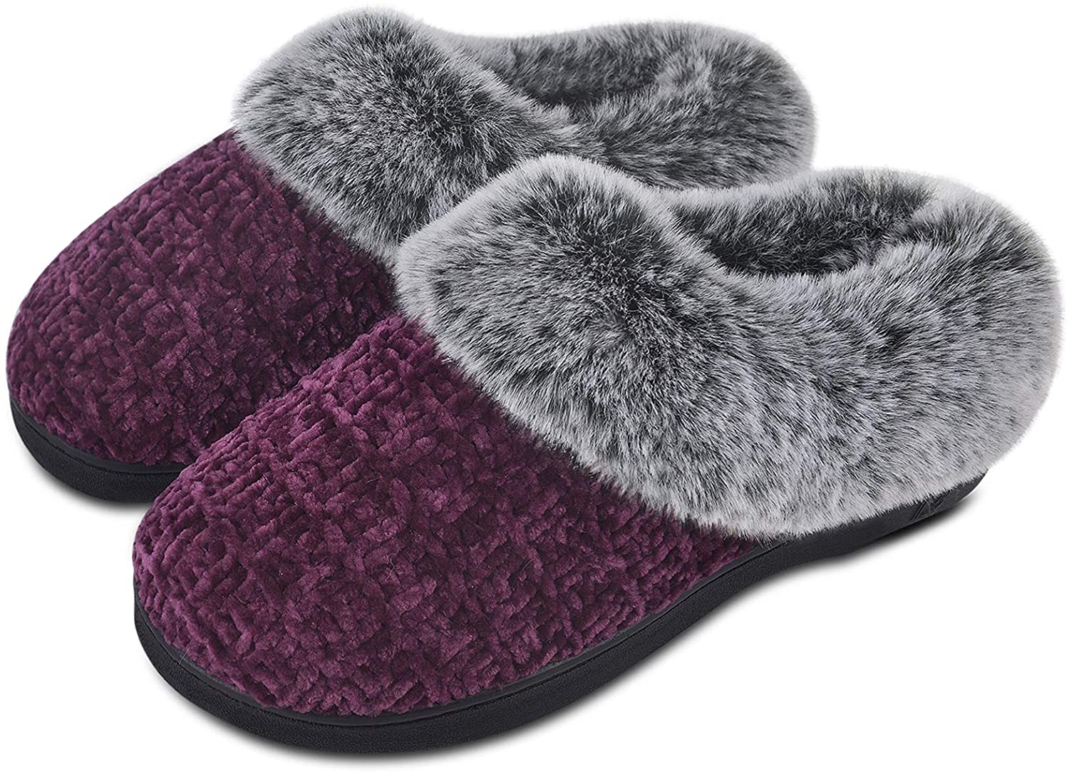 Fluffy Velvet Slip on Scuff Slippers for Women Indoor DL Womens-House-Slippers-Memory-Foam Warm Furry Ladies Bedroom Slippers with Non Slip Outsole Pink Gray 