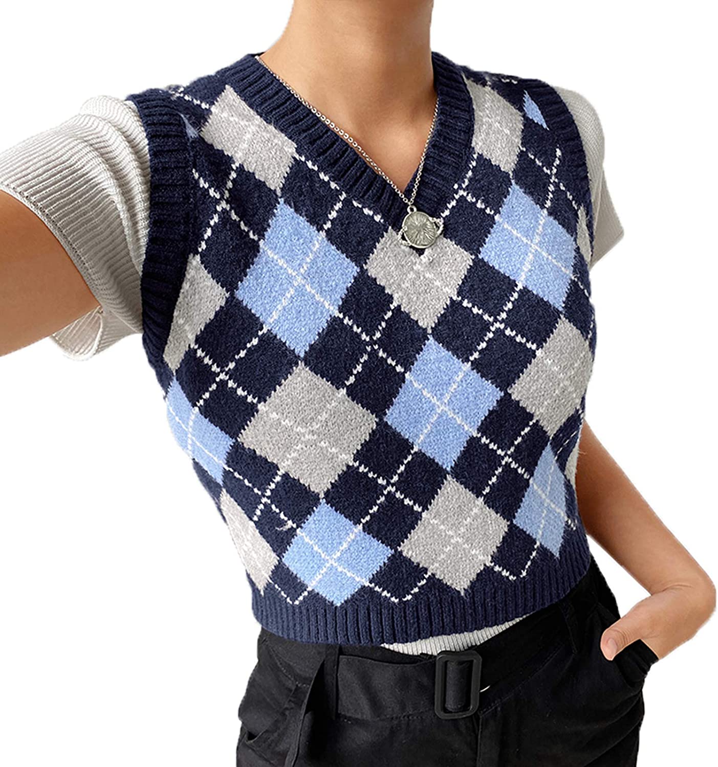 Tractor Púrpura Mirar Women's Geometric Argyle Sweater Vest Y2k 90s E-Girls Preppy Style Tank  Tops Sle | eBay