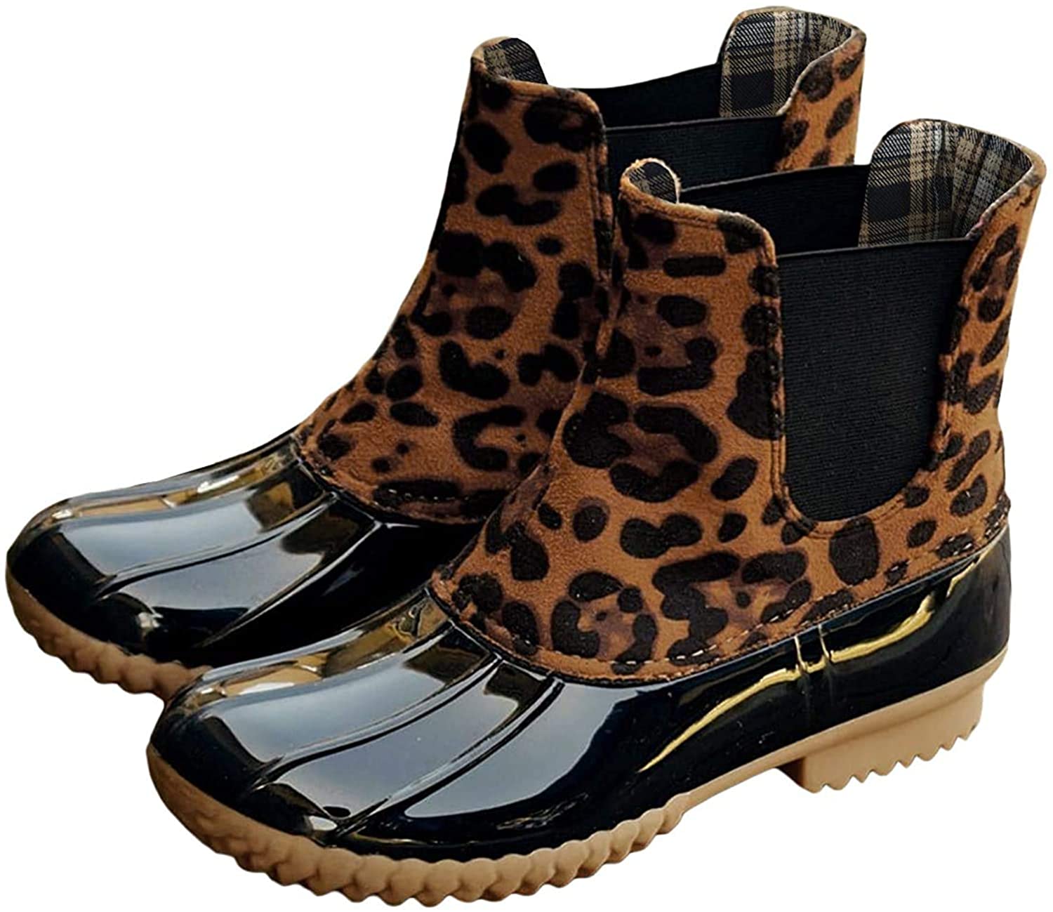 Kathemoi Womens Duck Boots Slip on Ankle Boots Waterproof Booties Mid Calf Leopard Snow Rain Boots 