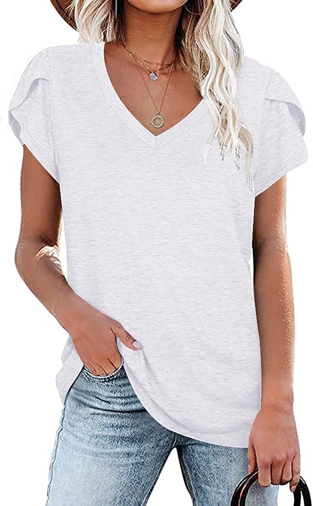 oten Womens V Neck T Shirts Summer Petal Short Sleeve Shirt Casual Solid Color Tops 