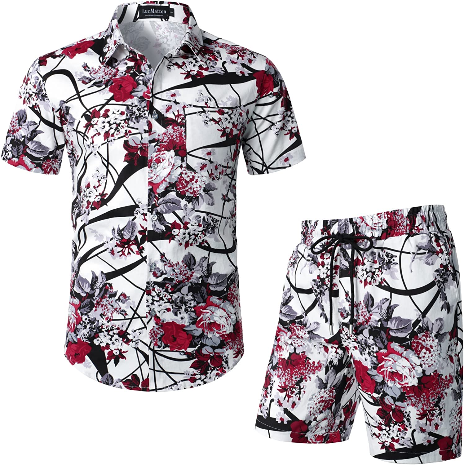 LucMatton Men's 2 Piece Floral Outfits Hipster Short Sleeve Button Down Shirt and Shorts Set 