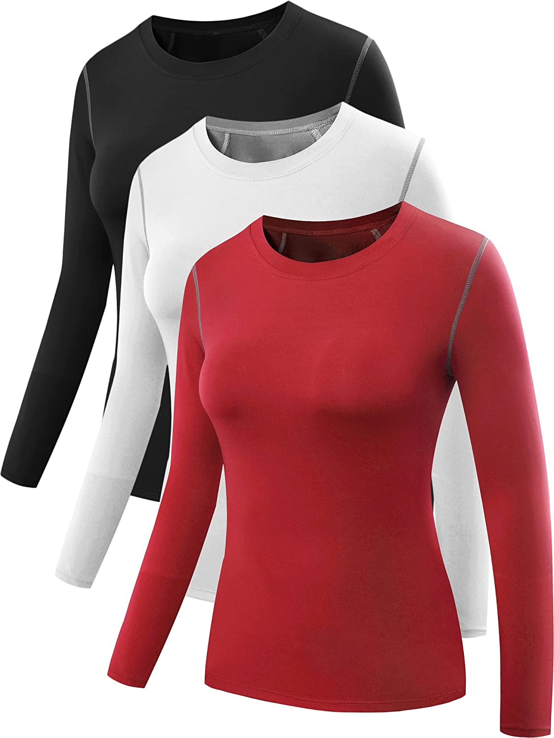 Neleus Women's 3 Pack Dry Fit Athletic Compression Long Sleeve T