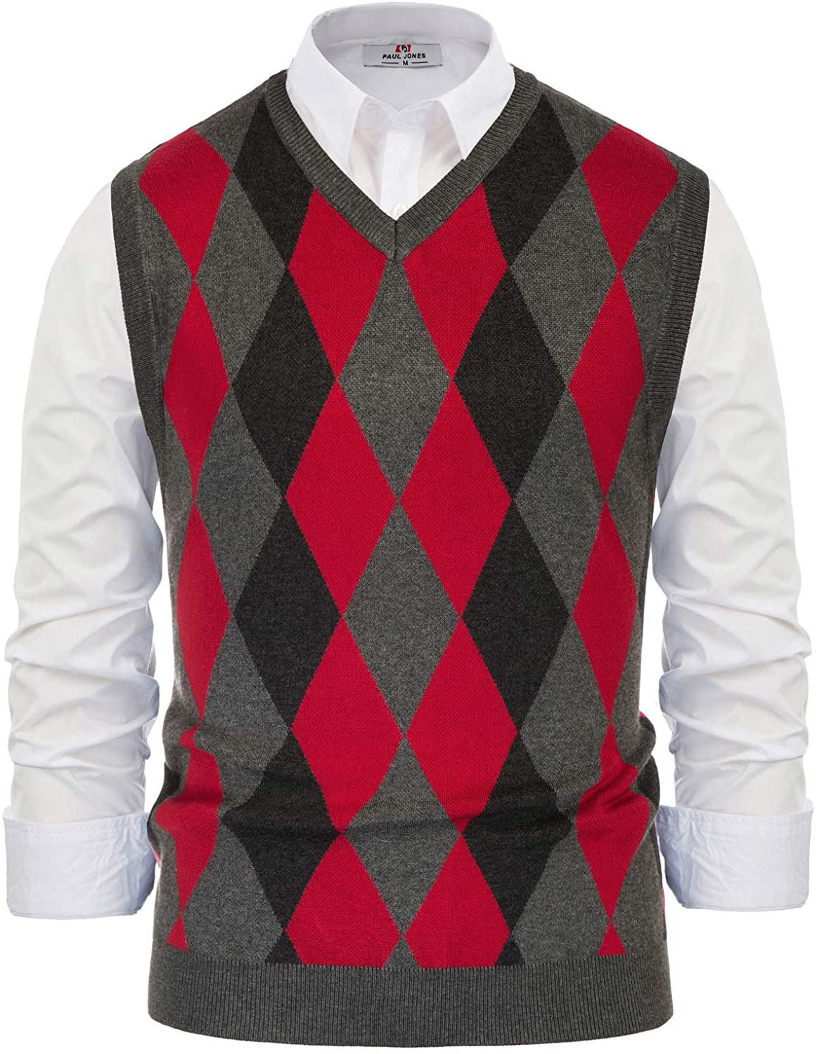 Paul Jones Mens Argyle Sweater Vest Knitted Casual V-Neck Pullover Vest 