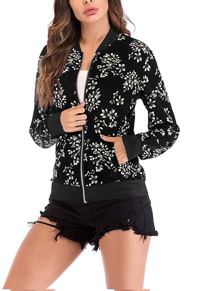 YONGM Womens Floral Print Classic Quilted Baseball Jacket Fall Short Biker Bomber Coat