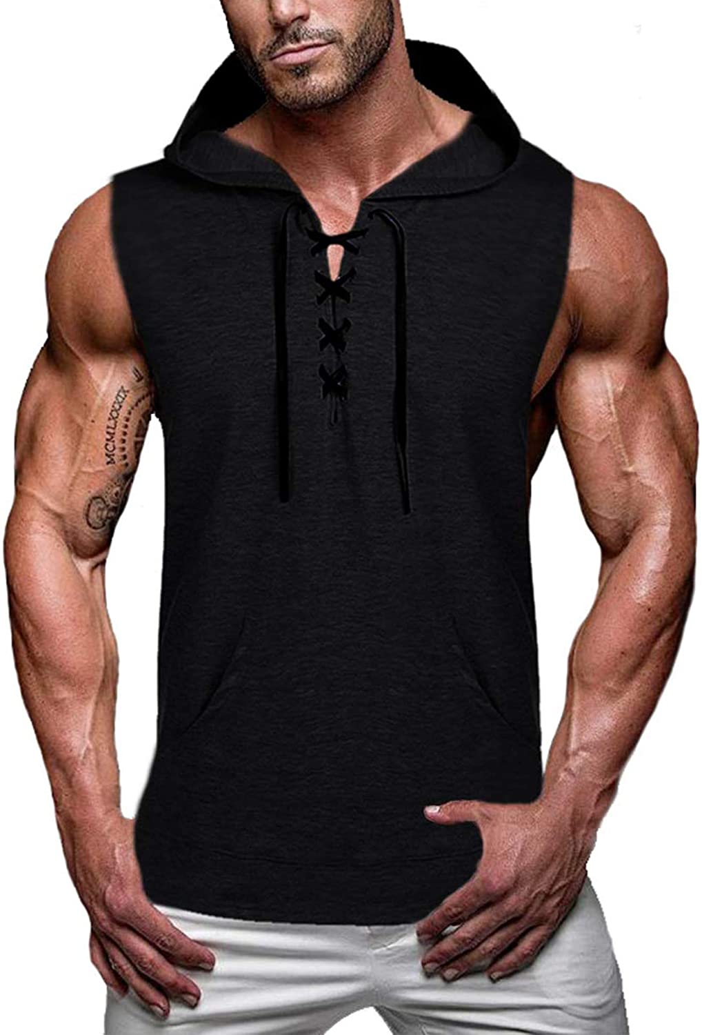 Coofandy Mens Tank Tops Shirts Workout Sports Hooded Vest Sleeveless Muscle Bodybuilding Gym Hoodie with Pocket 