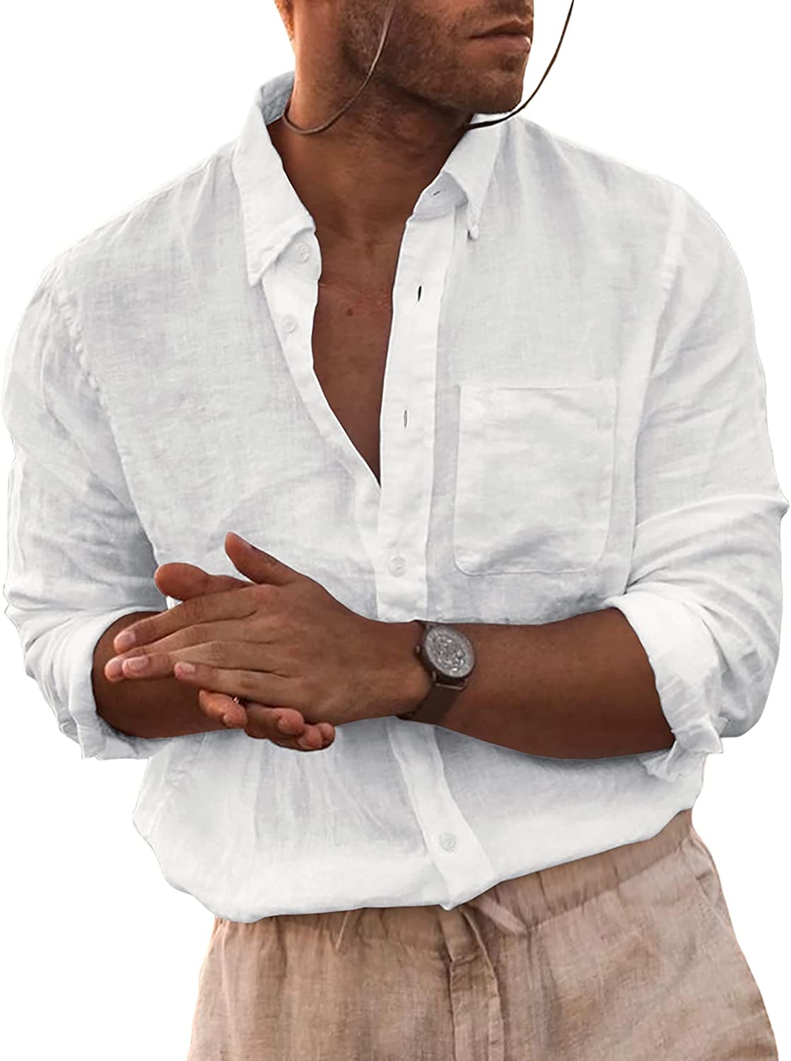 Lakimani Mens Long Sleeve Linen Shirt Summer Loose Fit Lightweight Casual  Button
