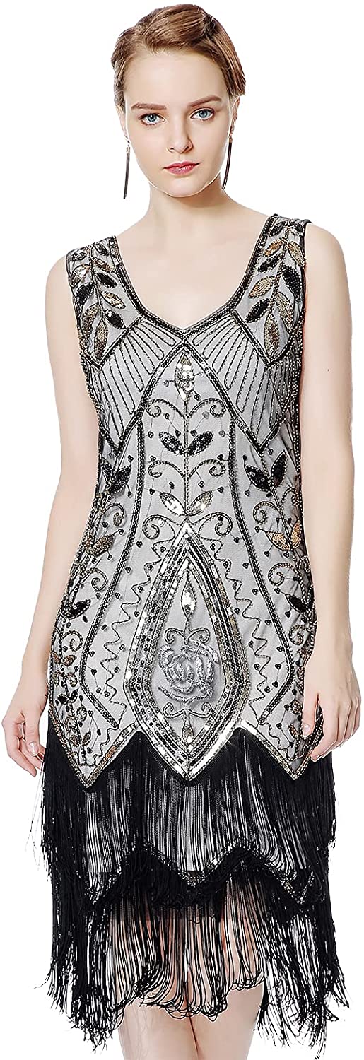 Metme Womens 1920s Vintage Flapper Fringe Beaded Great Gatsby Party Dress