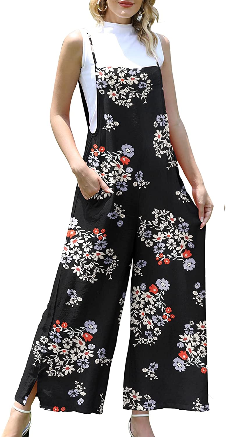 OIUCVGB Women Casual Loose Bohemian Floral Print Wide Leg Jumpsuits Cotton Summer Beach Rompers Overalls 