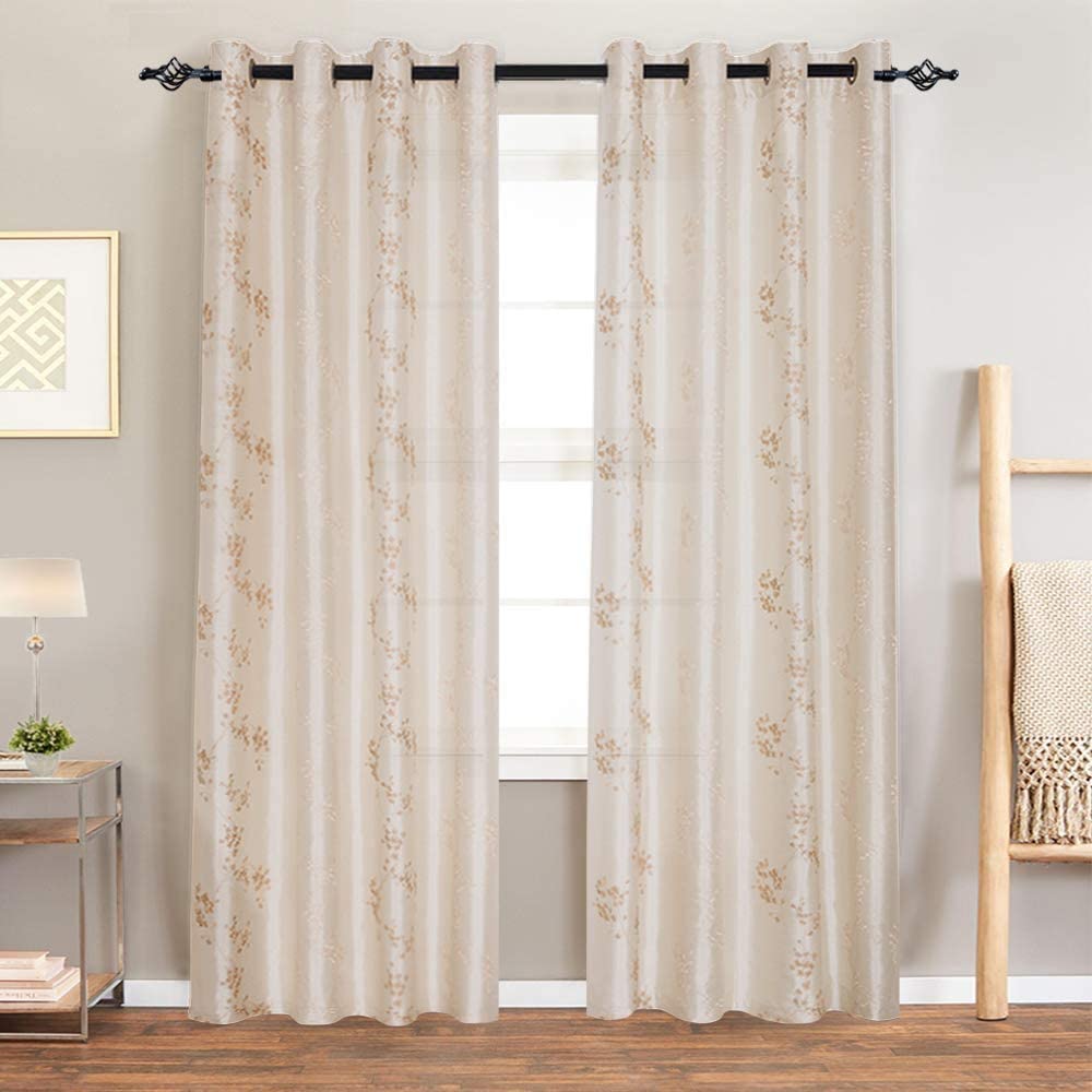 jinchan Ivory Faux Silk Floral Embroidered Sheer Curtains for Bedroom ...