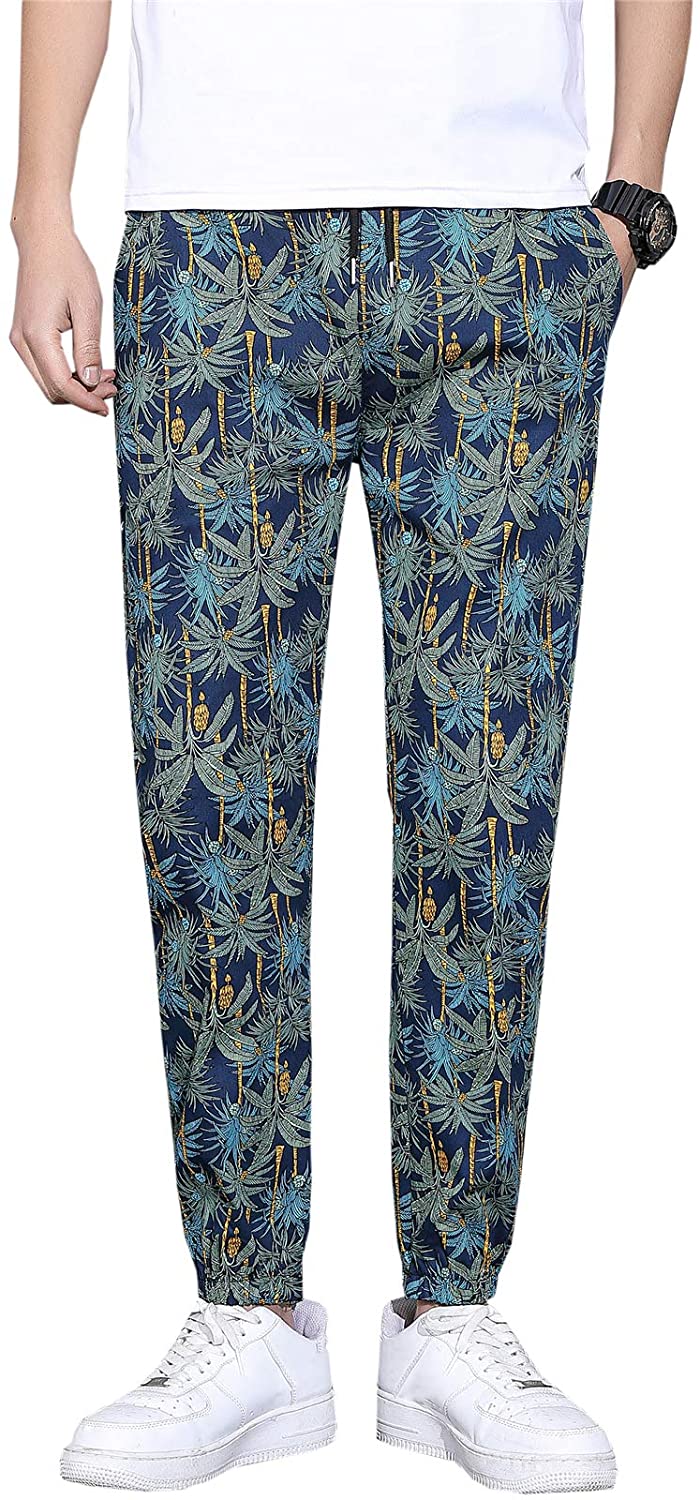 QZH.DUAO Floral Printed Casual Pants Slim Fit Flower Trousers for Men