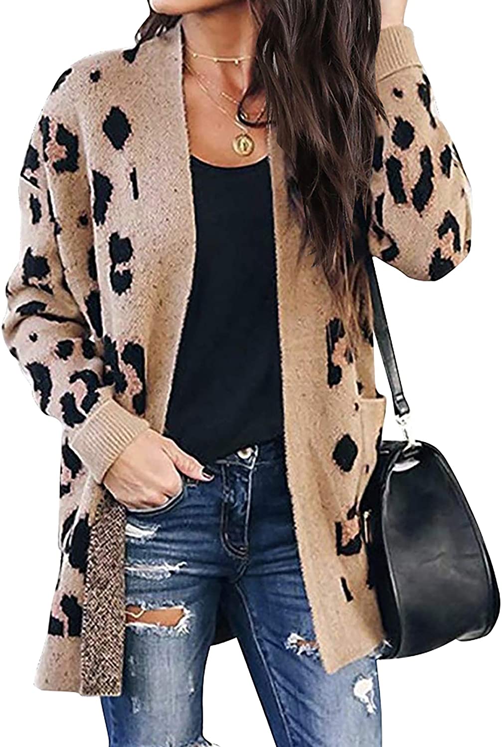 BTFBM Women Chic Leopard Print Cozy Sweater Pockets Button Down Open Front Loose Knitted Long Cardigan with Sleeves 