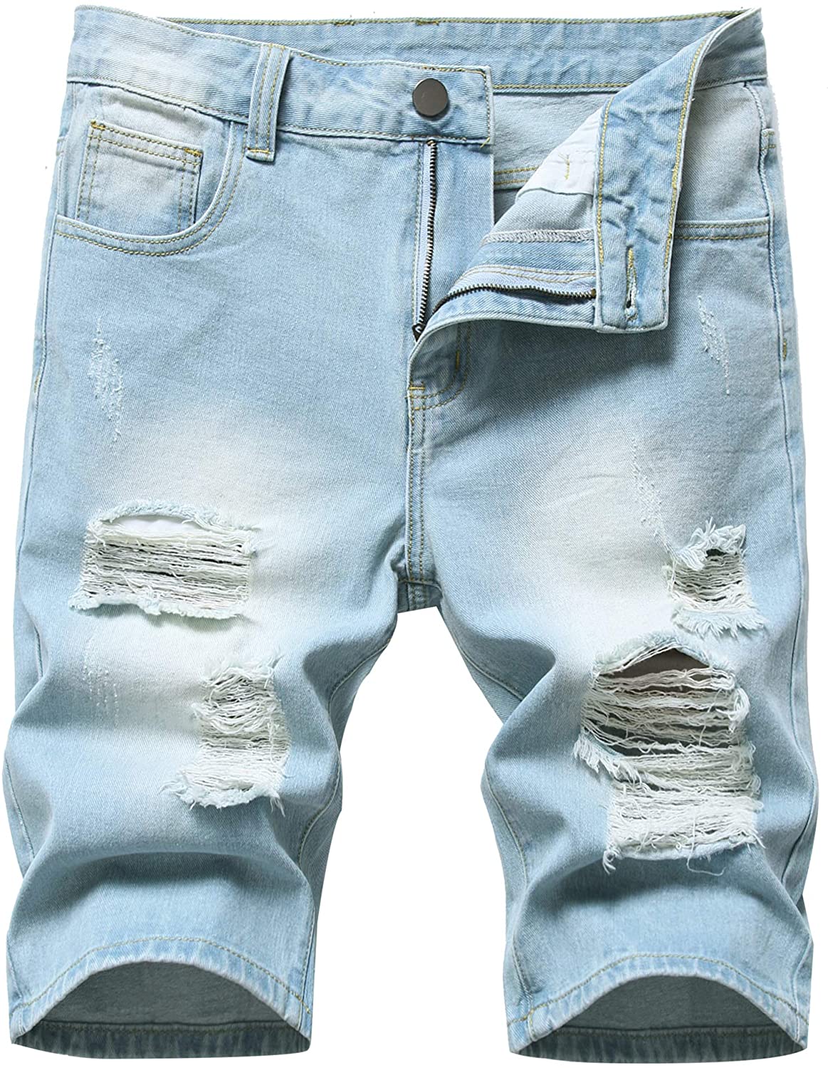 GUNLIRE Mens Summer Ripped Distressed Slim Fit Knee Length Washed Denim Jeans Shorts 