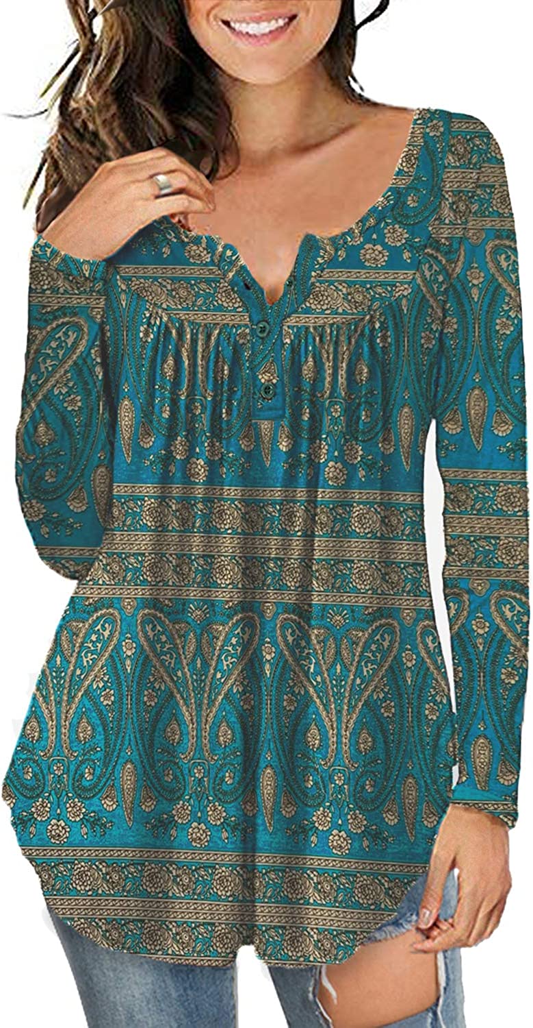 a.Jesdani Plus Size Tunic Tops Long Sleeve Casual Floral Printed