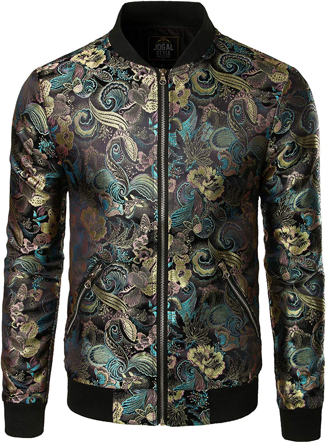 JOGAL Men's Luxury Paisley Floral Embroidered Satin Bomber