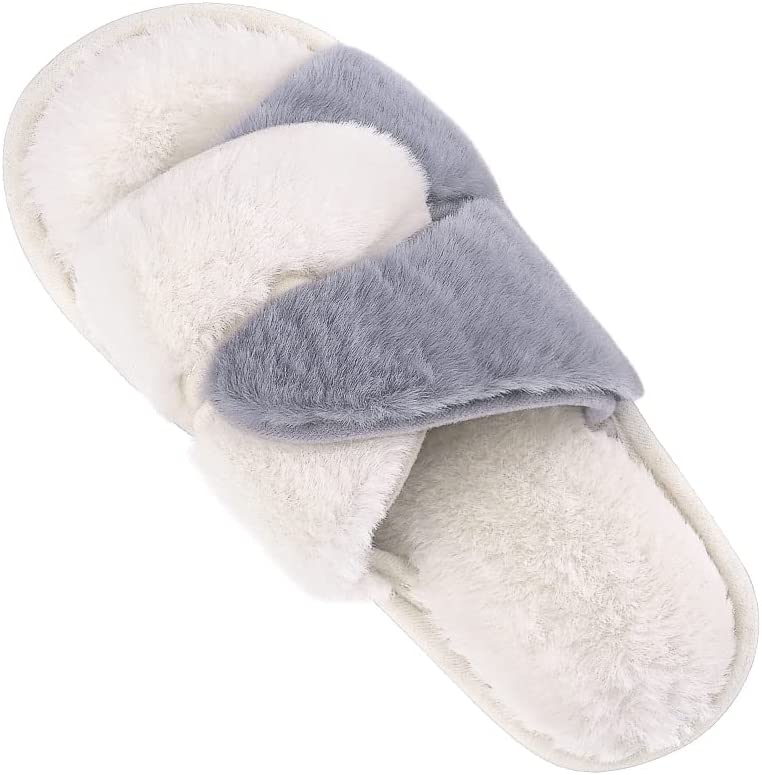  Hi Clasmix Fuzzy Slippers for Women-Cross Band Cozy House Home  Bedroom Fluffy Slippers Plush Furry Open Toe Slide Slipper(Black, 5-6)