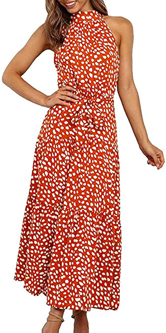 PRETTYGARDEN Women's Casual Halter Neck Sleeveless Floral Long Maxi Dress  Backle