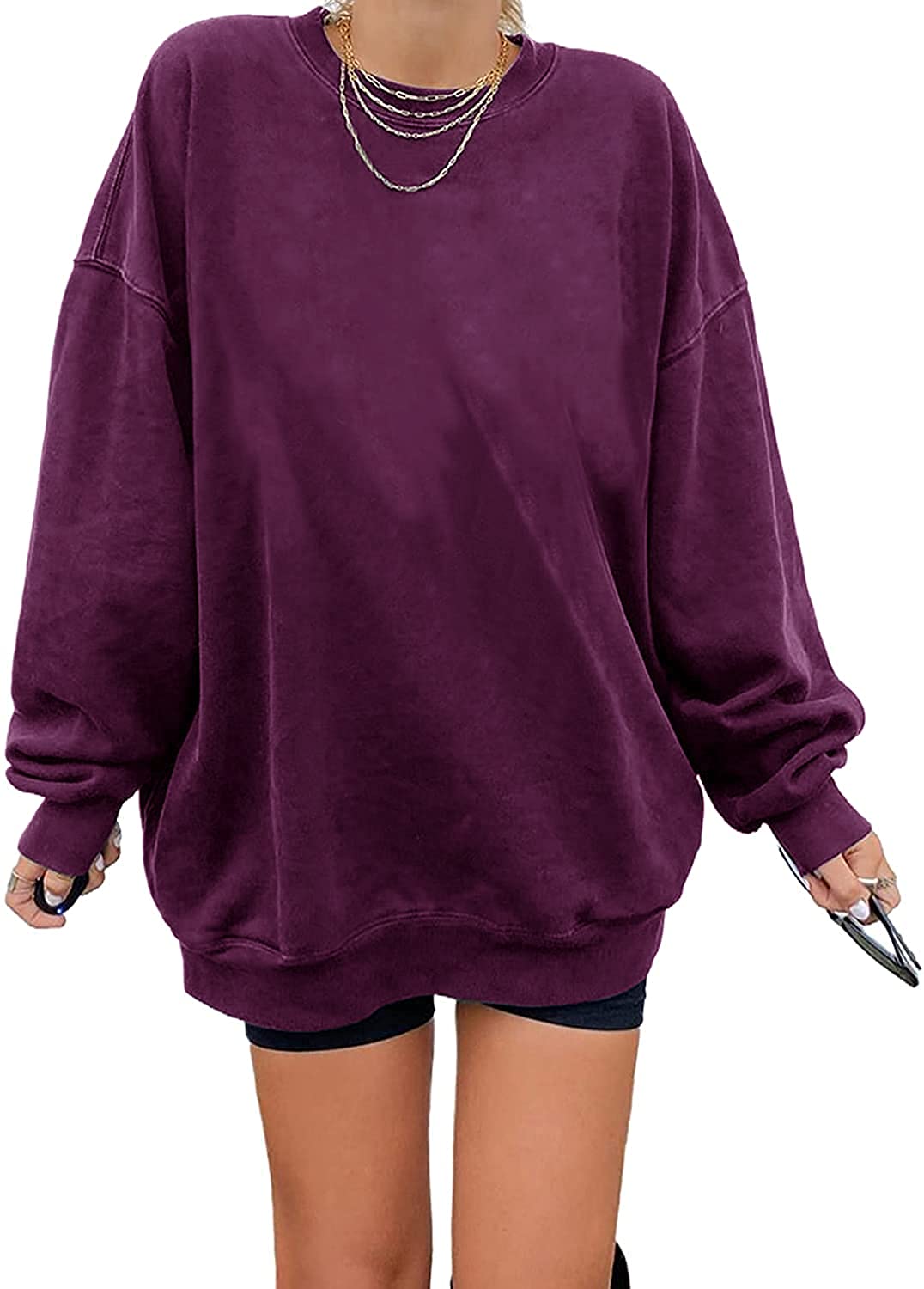 Women's Oversized Long Sleeve Sweatshirts Pure Color Round Neck Casual  Pullover