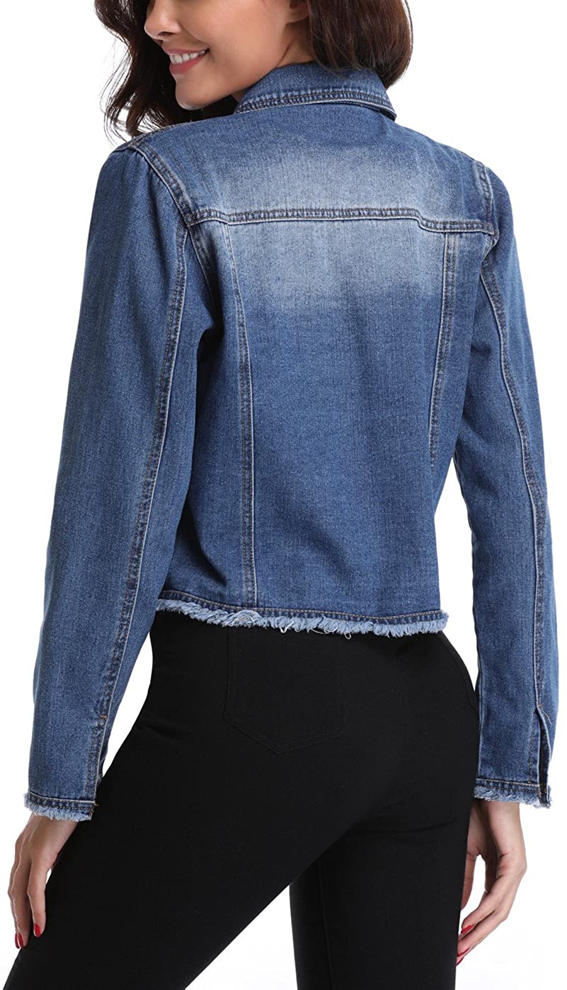 MISS MOLY Jean Jacket Women’s Frayed Washed Button Up Cropped Denim ...