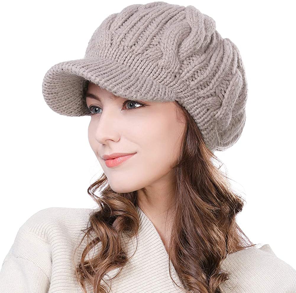 Jeff & Aimy Womens 100% Wool Knit Visor Beanie Newsboy Cap Cold Weather Warm Winter Hat