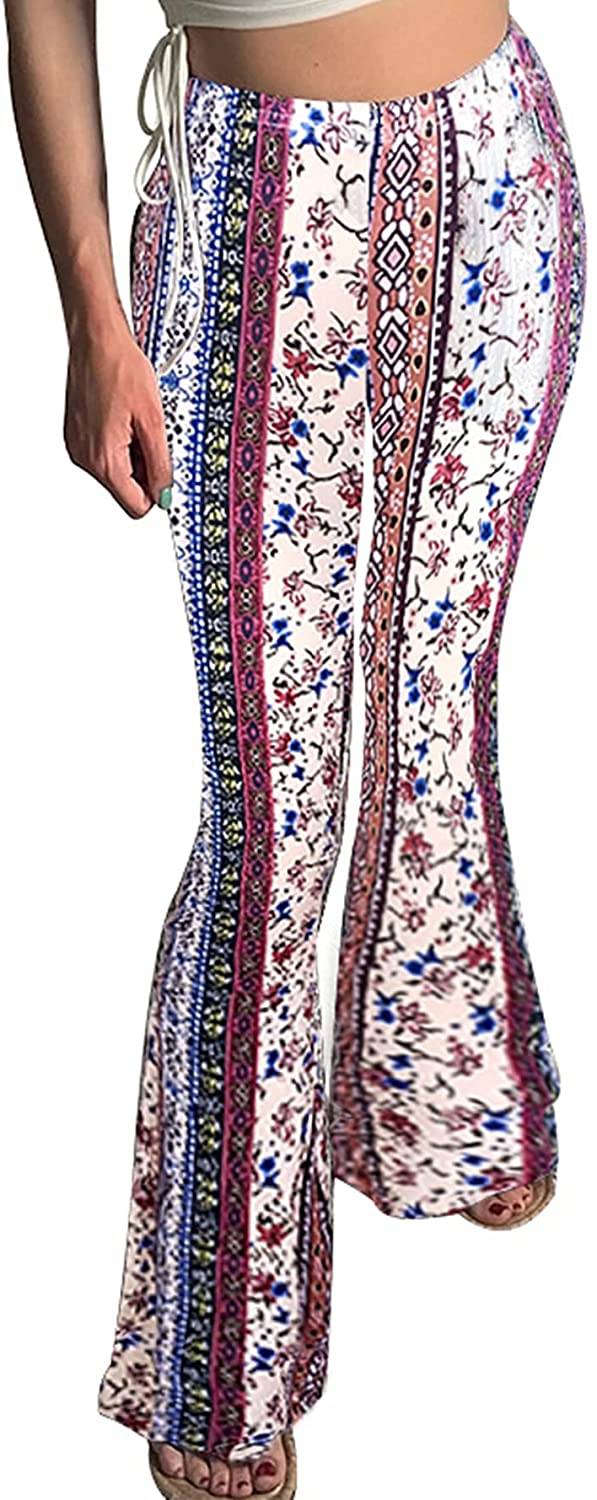 Women High Waisted Fit Flare Ethnic Paisley Floral Bell Bottoms