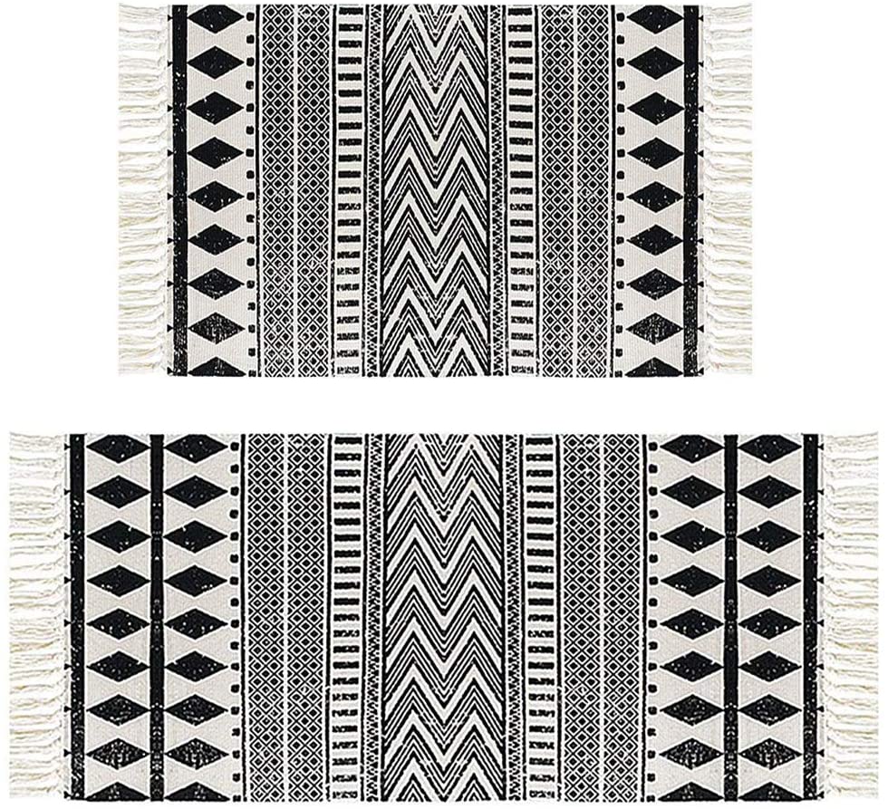 HEBE Cotton Area Rug Set 2 Piece 2'x3'+2'x4.2' Woven Cotton Area Rugs Runner Machine Washable Cotton Rug with Fringe Tassel for Living Room Bedroom Kitchen 
