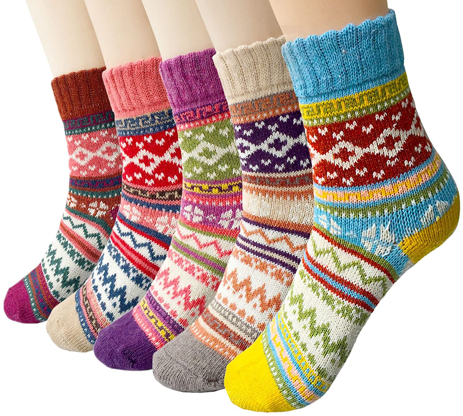 Womens 5 Pairs Vintage Style Winter Warm Thick Knit Wool Cozy Crew Socks 