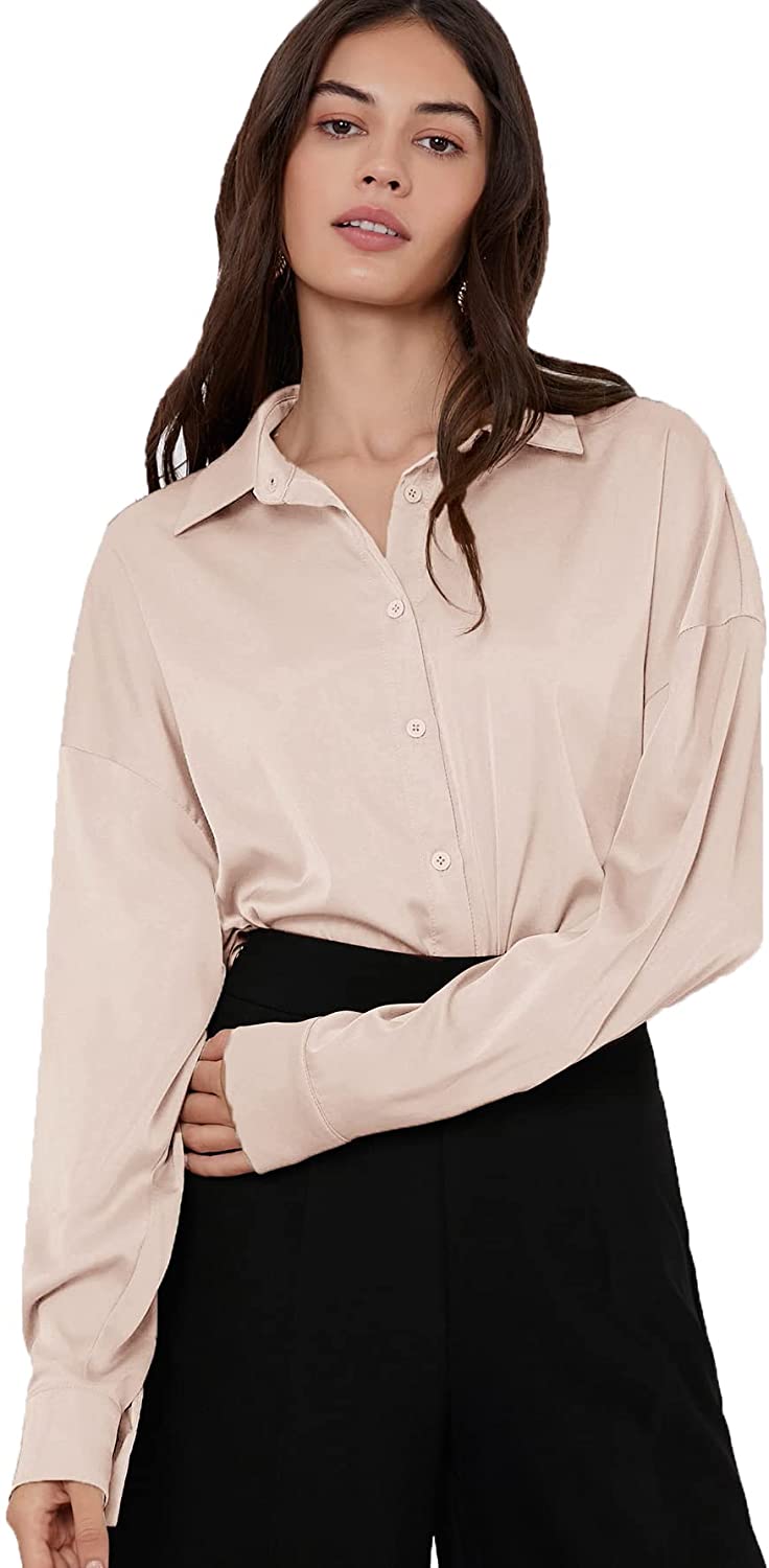 SOLY HUX Womens Satin Silk Long Sleeve Button Down Shirt Formal Work Blouse Top
