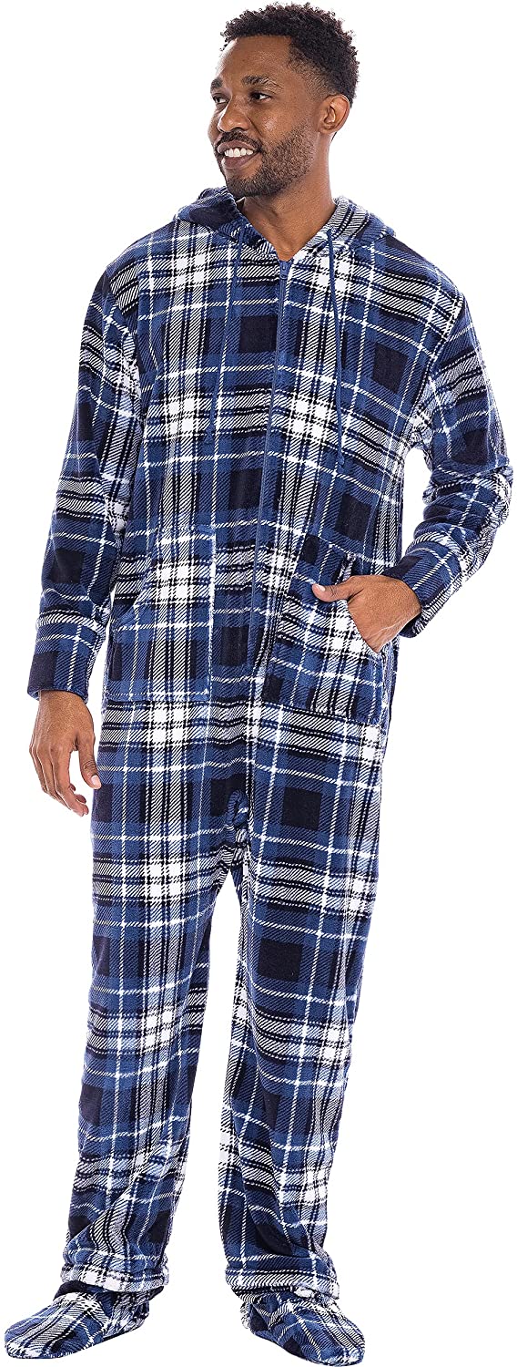 Alexander Del Rossa Men's Warm Fleece One Piece Hooded Footed Pajamas, Adult  One