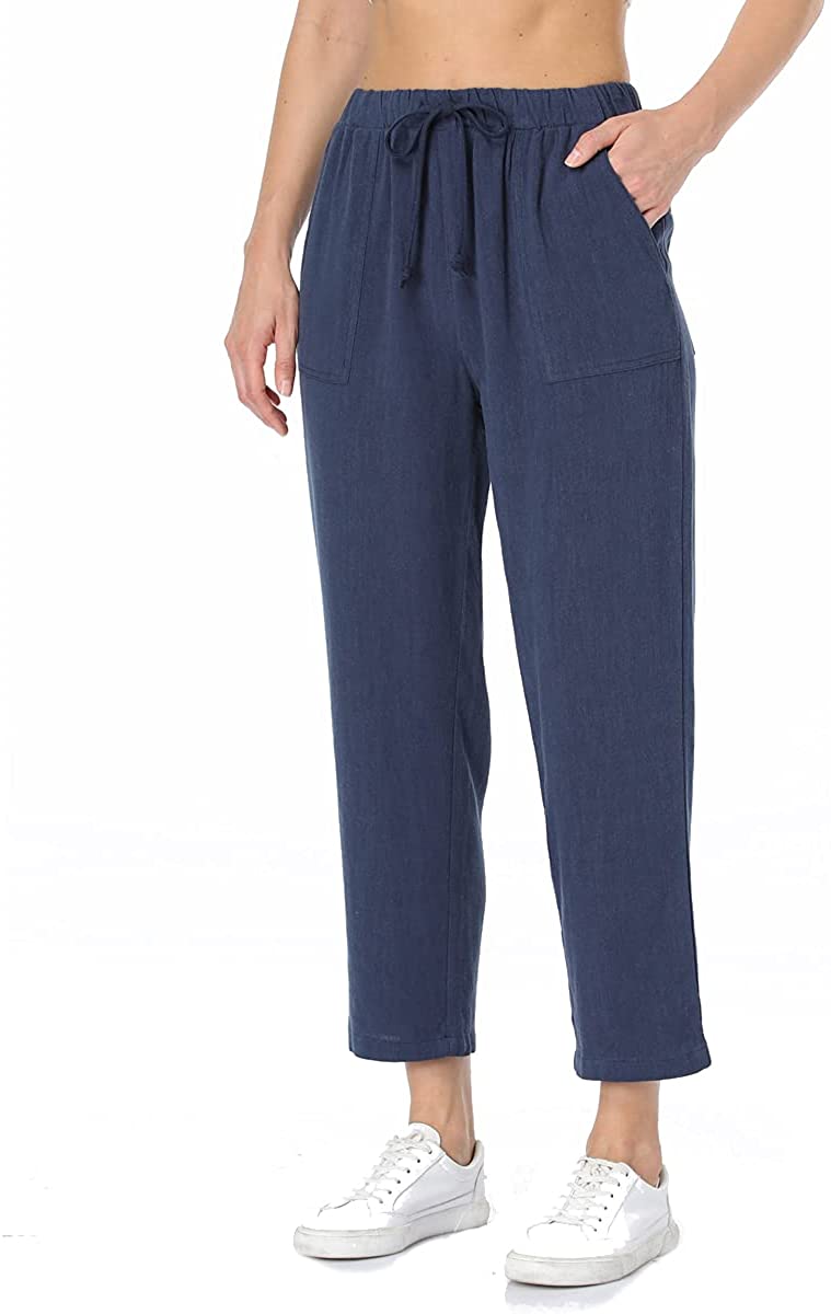 PEIQI Women's Crop Linen Pants Loose Fit Drawstring Elastic Waist Cropped Lounge Pants 