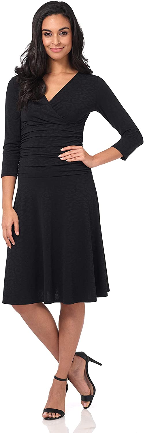 Rekucci Women's Slimming 3/4 Sleeve Fit-and-Flare Crossover Tummy Control  Dress (2, Charcoal) at  Women's Clothing store