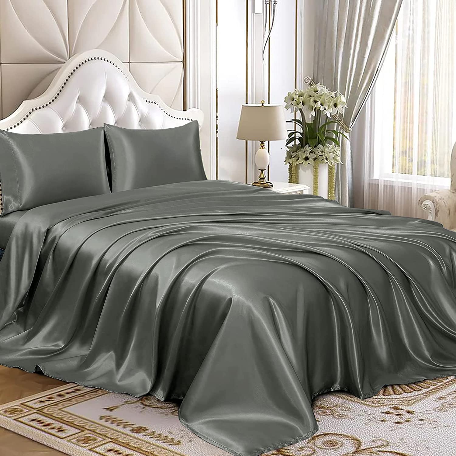 Homiest Light Grey Satin Fitted Sheet Twin Size Fitted Bed Sheet