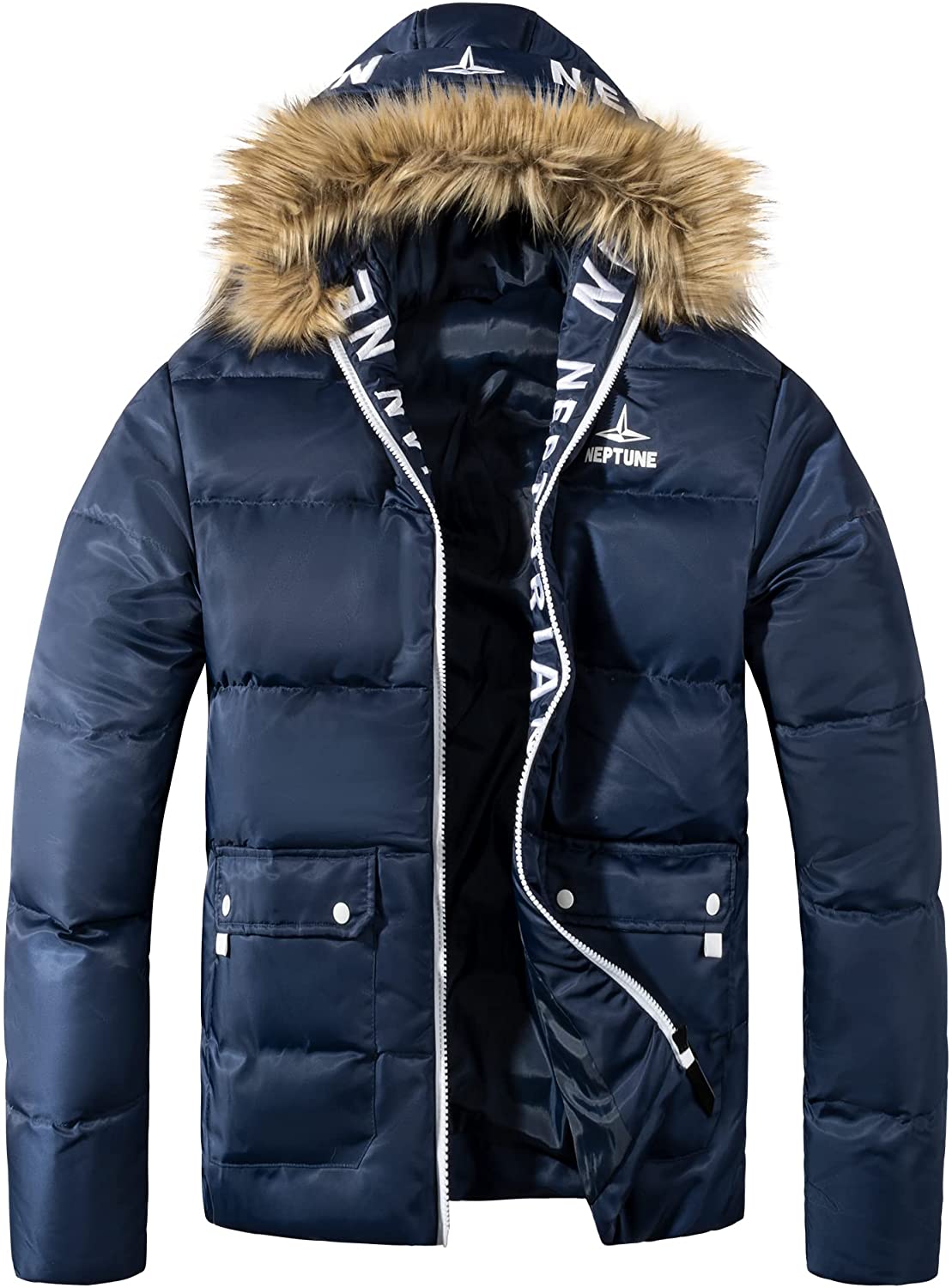 Mens Puffer Jackets Hooded Faux Fur Winter Waterproof Down Coat Outerwear