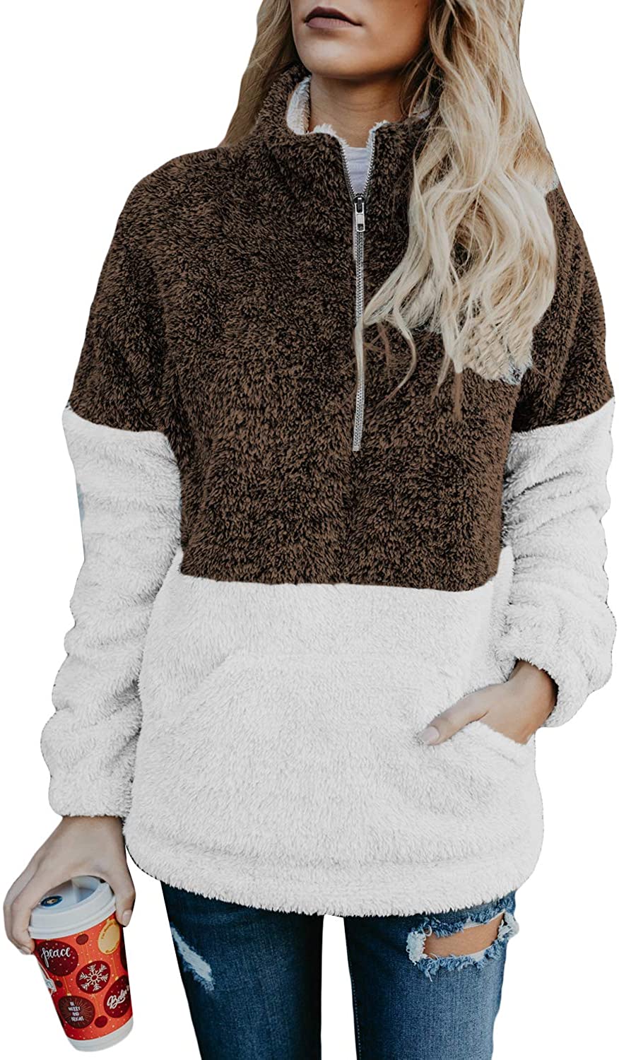 Aleumdr Womens Oversized Warm Fuzzy Hoodies Cozy Loose 1/4 Zipper Pullover Hooded Sweatshirt Outwear with Pockets