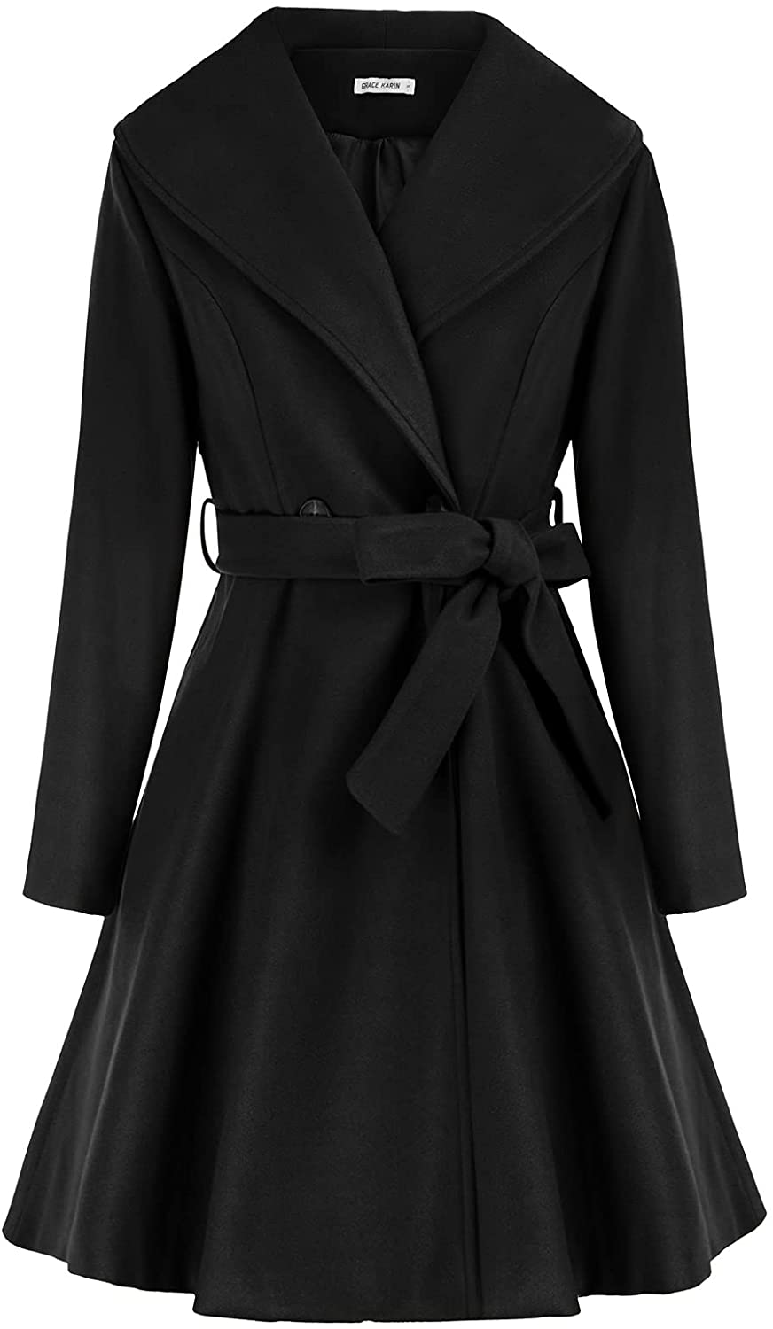 Women's Notch Lapel Long Puff Sleeve a Line Pea Coat with Self Tie Belt ...