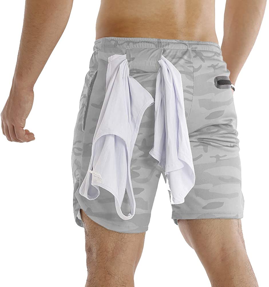 MECH-ENG Mens 2 in 1 Shorts Workout Running Training Gym 7 Short with Towel Loop