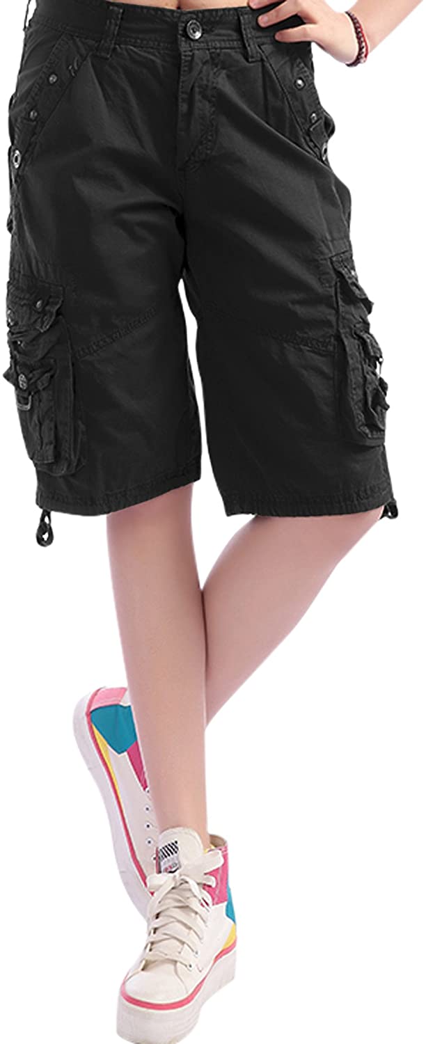 HOWON Womens Casual Loose Fit Twill Bermuda Cargo Shorts Multi Pocket Straight Shorts 