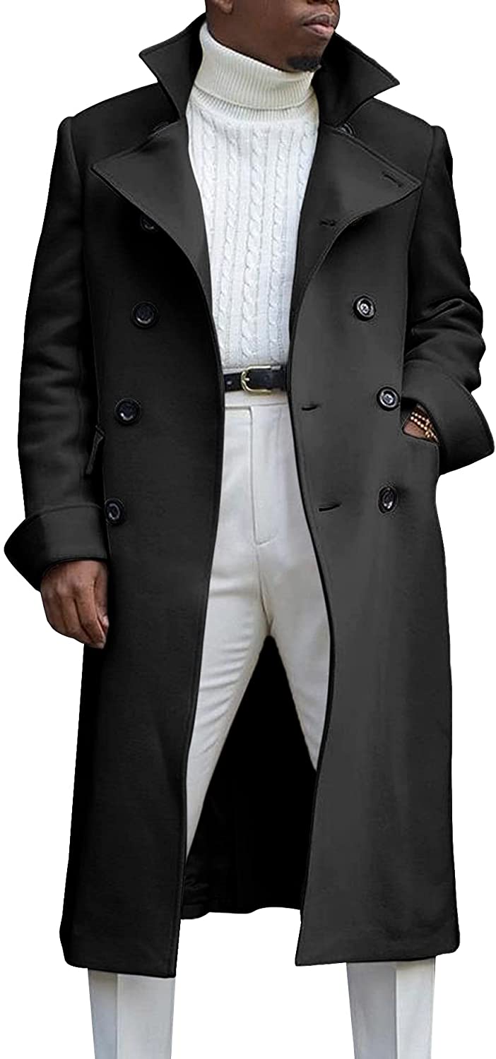 Ebifin Men's Notch Lapel Double Breasted Long Trench Coat Casual 