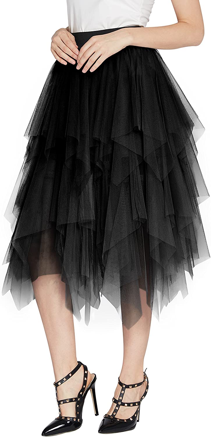 Women's Elegant Mesh Layered Tulle Skirt Sheer Tutu Midi Skirt