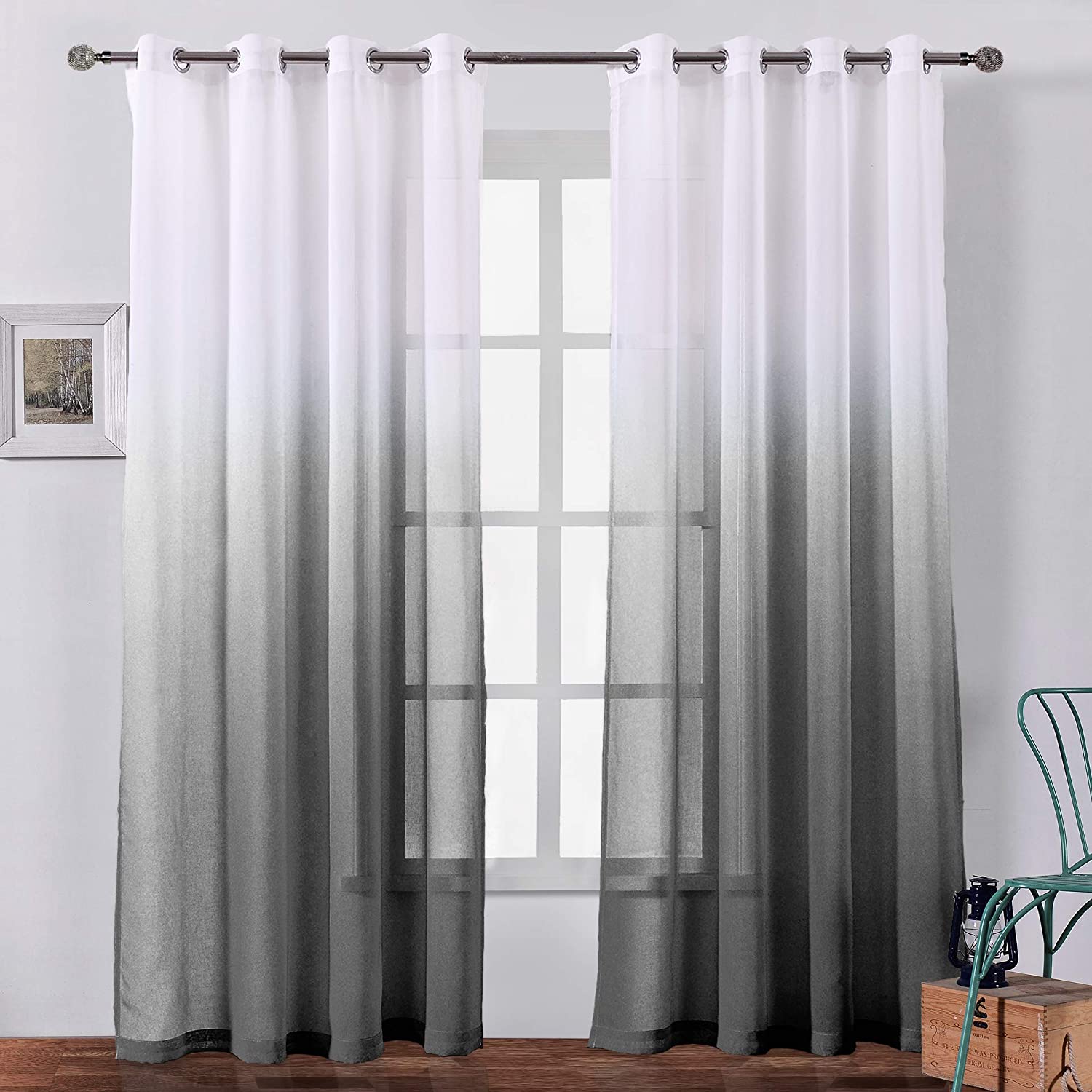 Bermino Faux Linen Ombre Sheer Curtains Voile Grommet Semi Sheer Curtains for Be