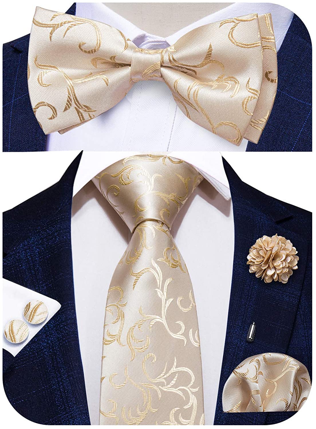 Hi-Tie Men's Ties Set Silk Necktie Bow Tie and Pocket Square Cufflinks Set  with
