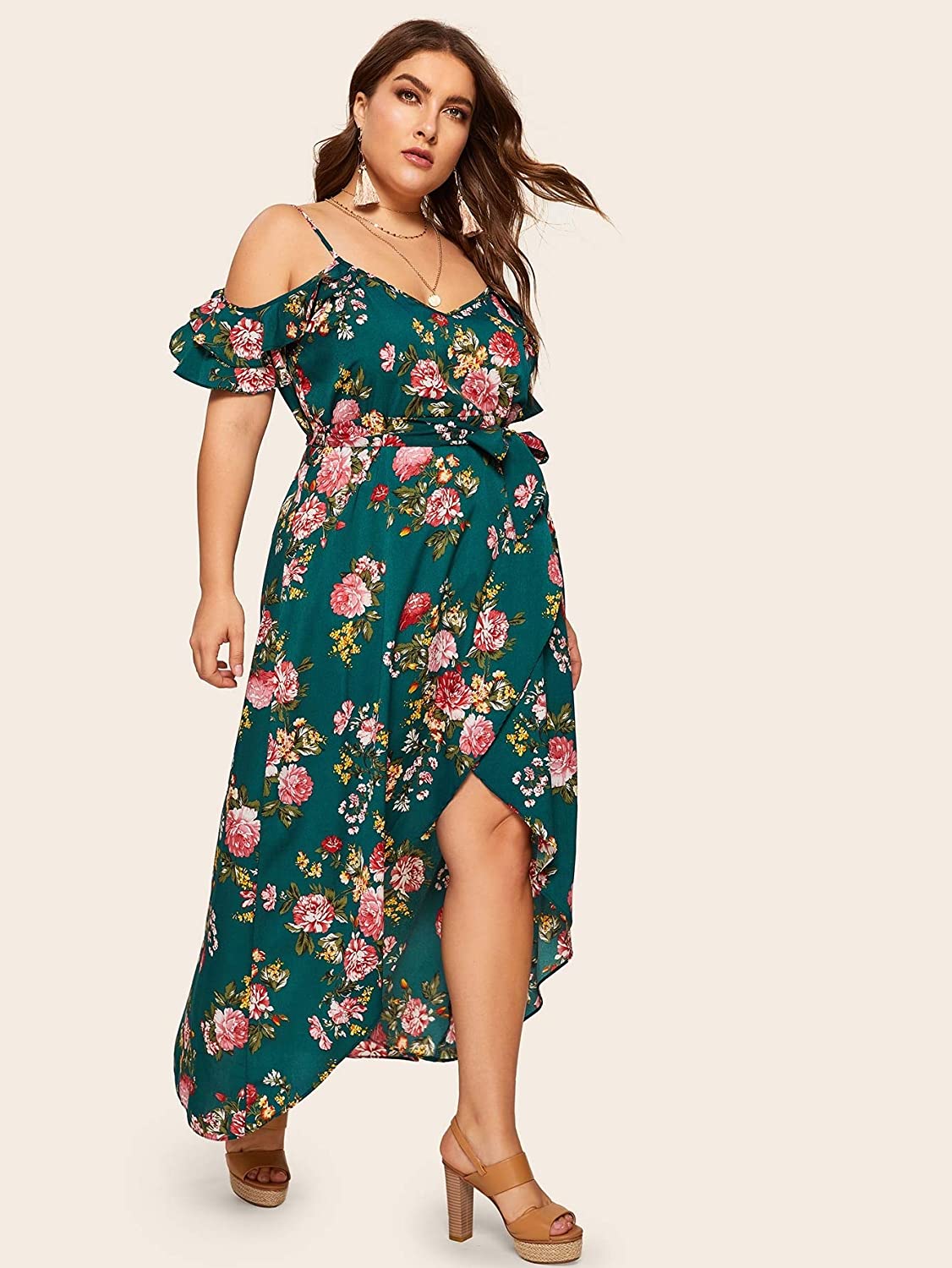 Milumia Women Plus Size Cold Shoulder Boho Floral Dress Split Maxi Ebay 9171