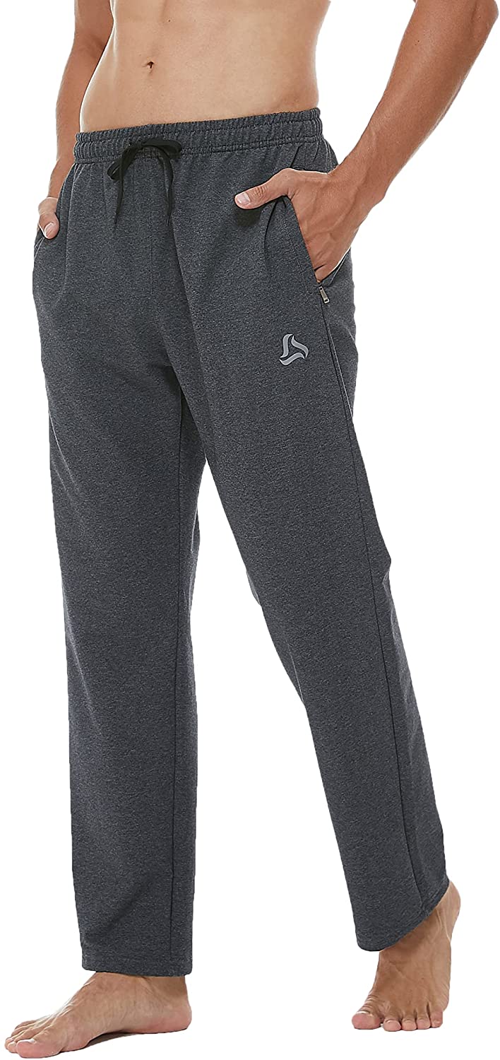 SILKWORLD Men's Cotton Yoga Sweatpants Athletic Lounge Pants Open Bottom Joggers Running Pants for Men with Zipper Pockets 