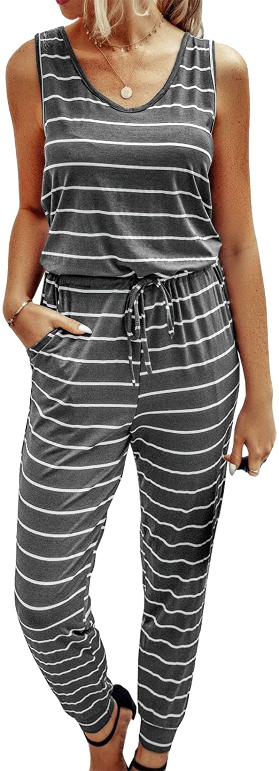 Artfish Women Casual Sleeveless Spaghetti Strap Striped Lounge Pajama Jumpsuit 