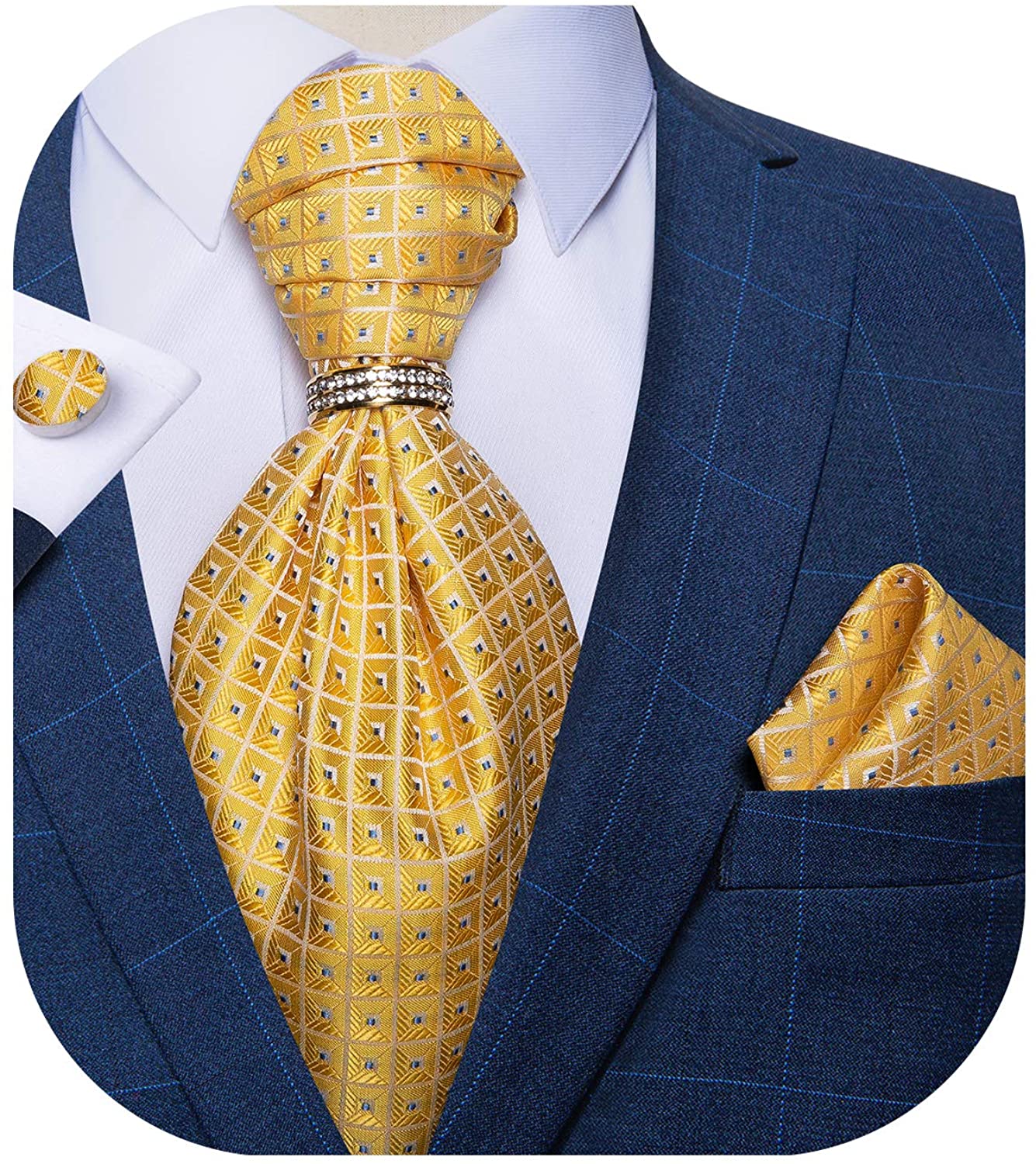 DiBanGu 3PCS Ascot Ties for Men Wedding Jacquard Woven 100% Silk Ascot  Cravat for Men Cravat Tie and Pocket Square Set