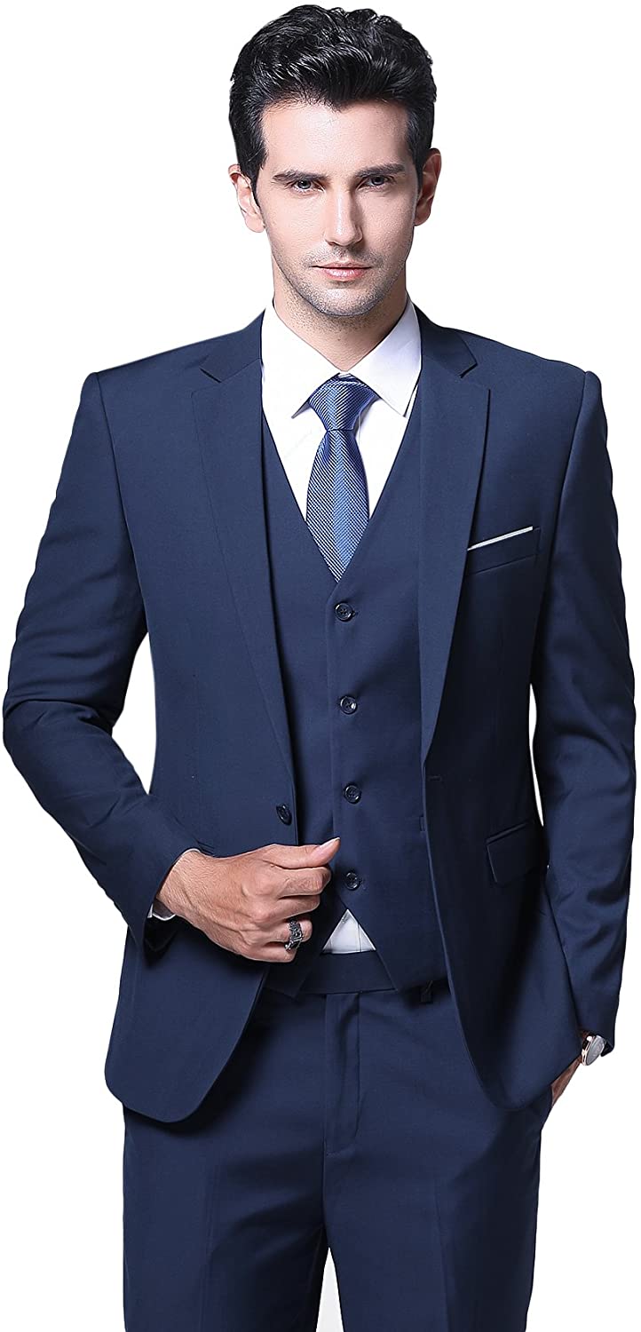 Yffushi Mens Slim Fit 3 Piece Suit One Button Business Wedding Prom