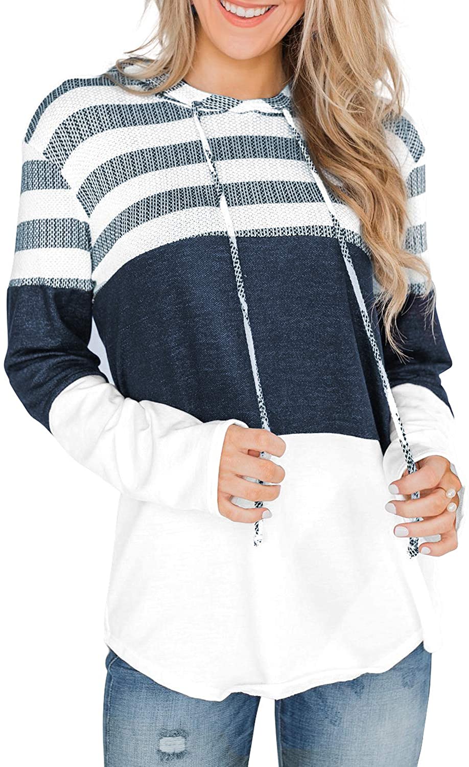 EVALESS Women Sweatshirts and Hoodies Long Sleeve Drawstring Sweatshirts Color Block Striped Pullover Top