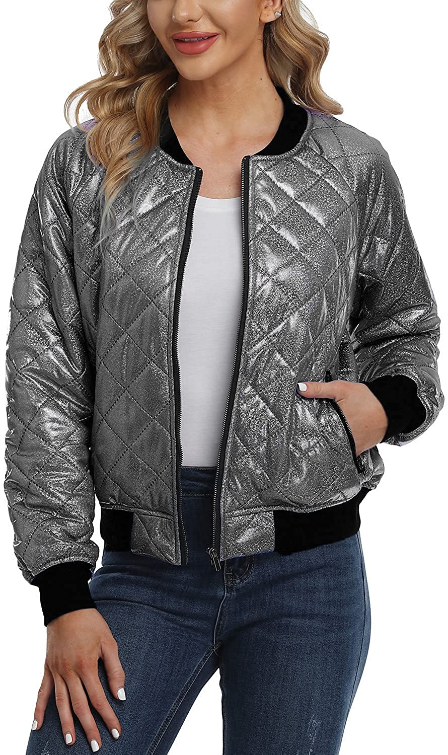 Buy Womens Quilted Bomber Jacket Long Sleeve Zip Up Button Down Lightweight  Jacket Coat with Pockets, Grey, Medium at .in