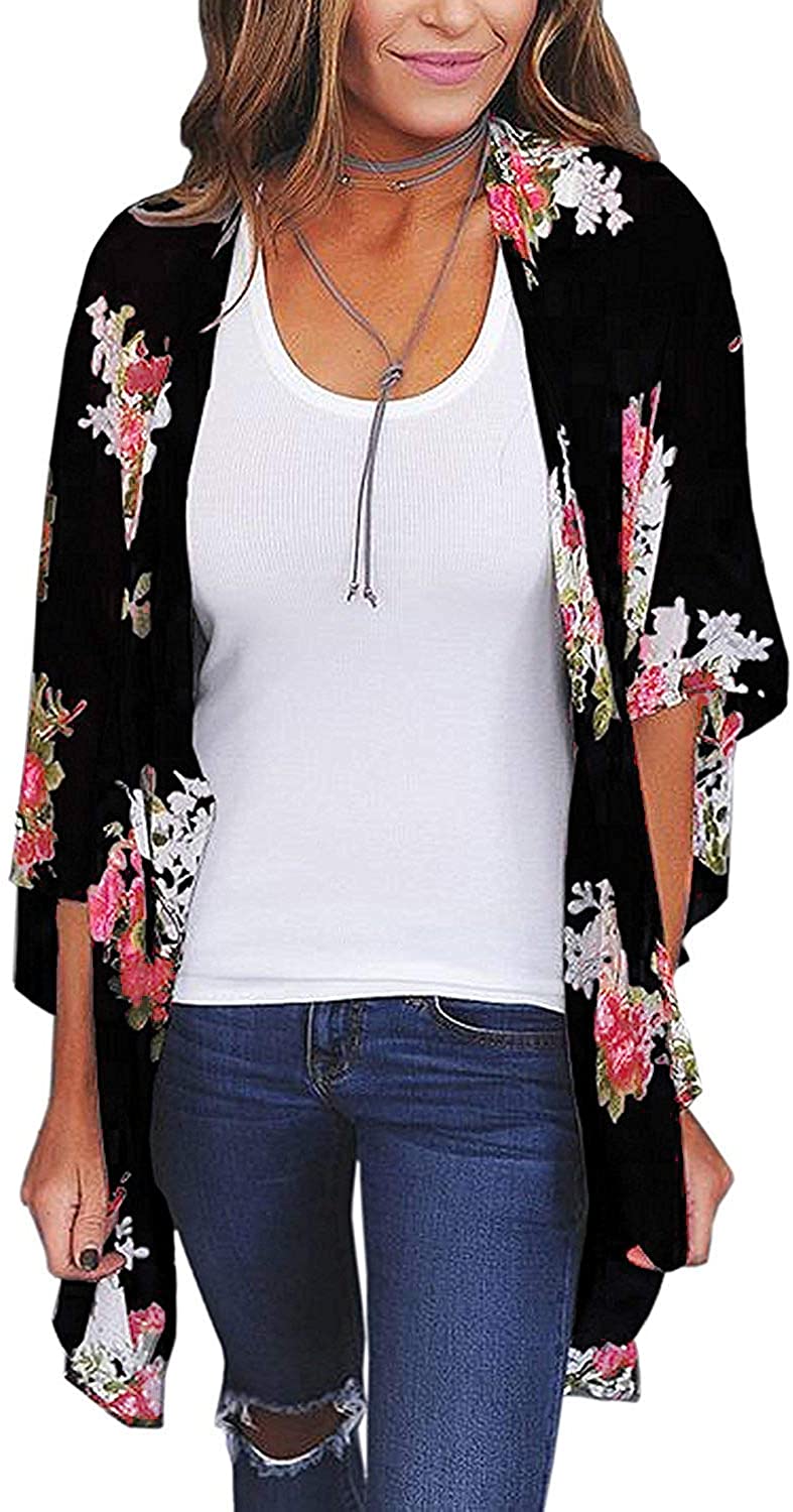 Women's Floral Print Puff Sleeve Kimono Cardigan Loose Cover Up Casual ...